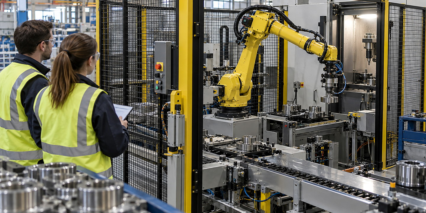 A delta or articulated robot packing moving products into open cases on a guarded production line, with infeed and discharge visible.