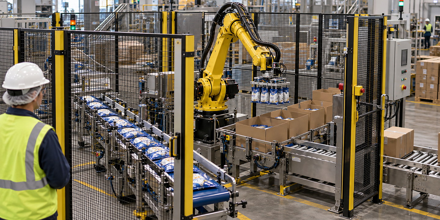 A delta or articulated robot packing moving products into open cases on a guarded production line, with infeed and discharge visible.